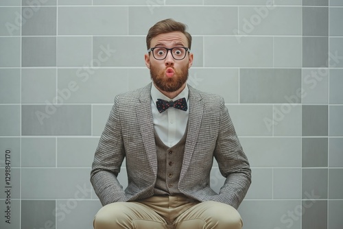 A surprised young man dressed formally adds a playful twist in a modern abstract background.