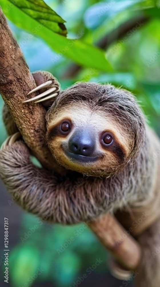 Fototapeta premium Sloth hanging on tree branch wildlife animal mammal.