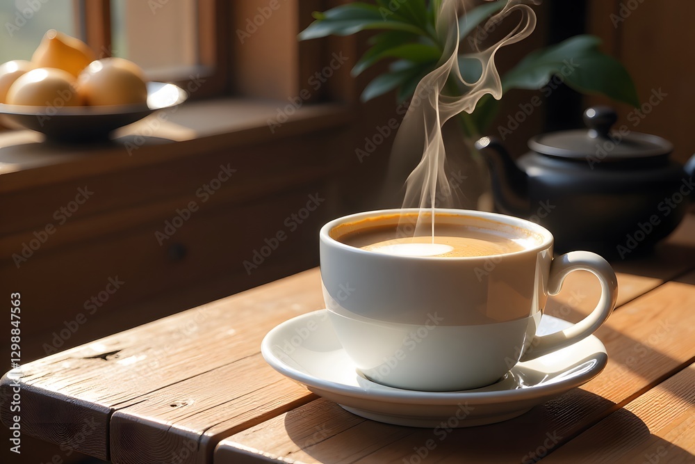 Obraz premium Steaming Cup of Coffee on Rustic Wooden Table