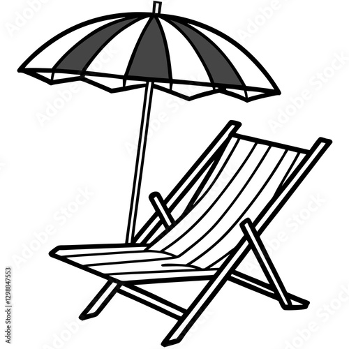 black and white summer deckchair with umbrella in white background