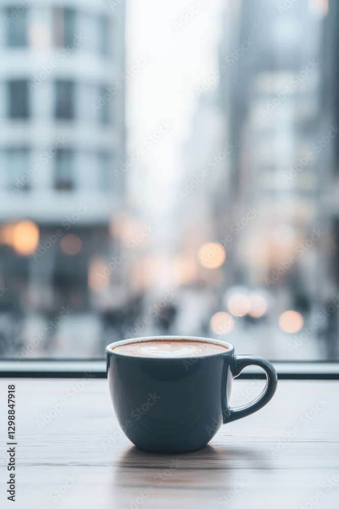 close-up of coffee cup placed on wooden café table next to city window close-up of coffee cup placed on wooden café table next to city window