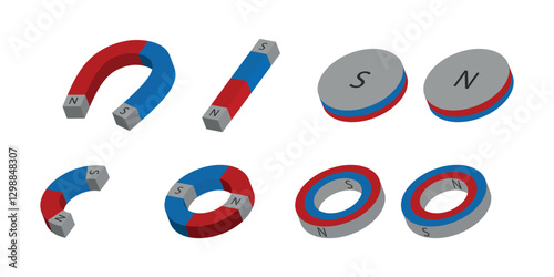 A set of isometric illustrations of different types of magnets: horseshoe, bar, disk and toroidal.