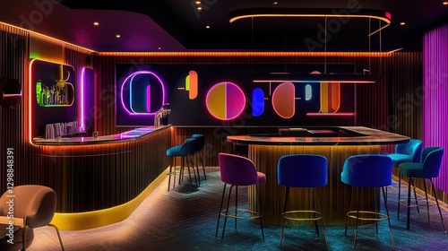 A contemporary hotel bar with neon lighting, modern art pieces adorning the walls, and a stylish counter with high-gloss finish.