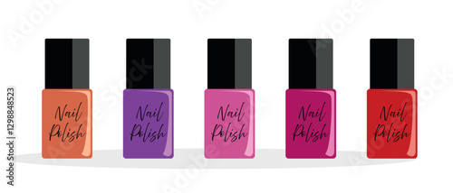A set of nail polishes in different shades, a stylish illustration of cosmetics with black lids on a white background.
