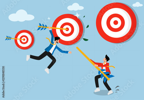 Business team prepares arrows to reach target goals, sets business goals, targets, goals and objectives, partnerships and teamwork towards success. Develops ladder to success,