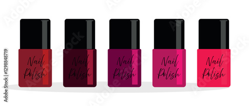 Vivid illustration of five nail polishes in red and pink shades with black caps.