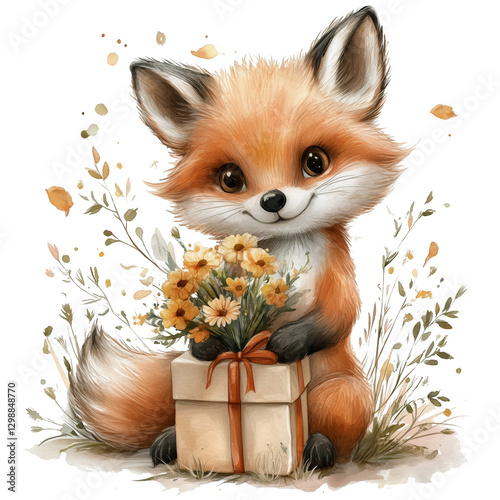 Cute Fox Character Holding a Flower Bouquet and Gift Box in a Whimsical Fores...