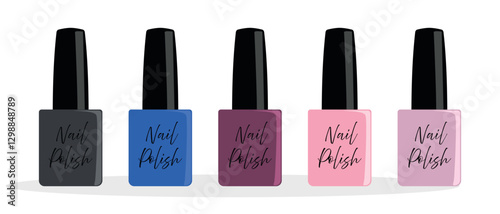 Vector illustration of nail polish bottles in black, blue, purple, pink, and light pink colors, isolated on white.