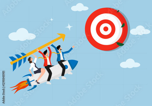 Business team rides rocket and carries arrow to reach target goal, setting business goals, targets, goals and objectives, partnership and teamwork towards success. Developing ladder to success.