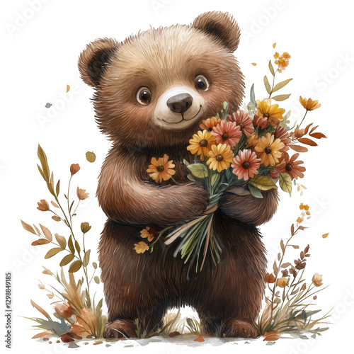 Cute Bear Holding a Vibrant Bouquet of Flowers in a Whimsical Setting Filled ...