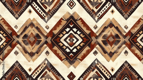 Geometric tribal pattern with earthy tones and intricate designs on textured background. Generative AI