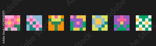 Various 8bit Flowers. Square floral icons. Pixel Art, retro video game, embroidery style. Hand drawn modern Vector illustration. Embroidered cross stitch, Vintage 90s gaming concept. Isolated elements