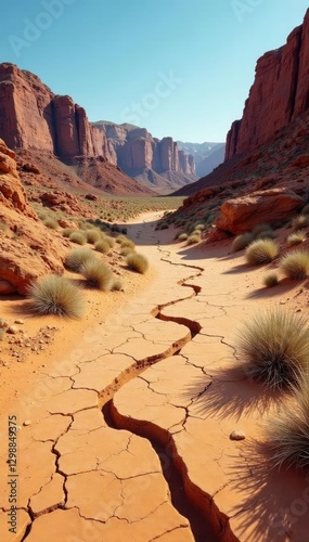 Desert terrain with cracked earth and rocky outcrops, rugged terrain, geological formations, sedimentary rocks