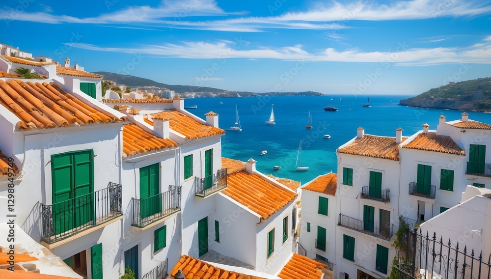 White houses with orange roofs overlooking the blue sea in spain White houses with orange roofs overlooking the blue sea in spain