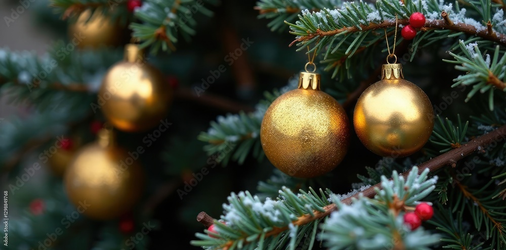 Golden ornaments with holly and snow entwined on a wooden tree, foliage, twigs Golden ornaments with holly and snow entwined on a wooden tree, foliage, twigs