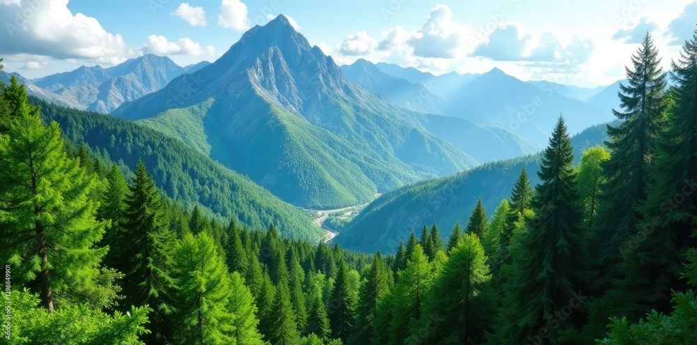 Fototapeta premium Lush green forest with towering mountain peaks, hillside, mountains, nature