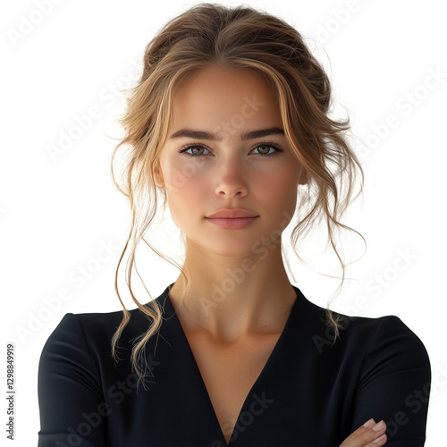 Confident Young Woman Poses in a Stylish Black Outfit Against a Plain Background