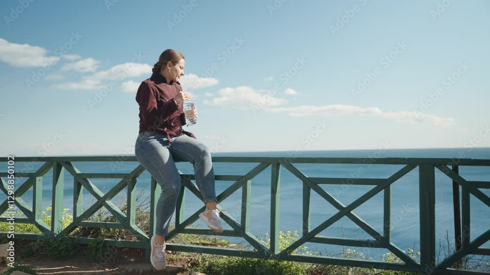 Woman Sitting on a Wooden Railing Drinking Water From a Bottle While Overlooking the Ocean on a Sunny Day Woman Sitting on a Wooden Railing Drinking Water From a Bottle While Overlooking the Ocean on a Sunny Day
