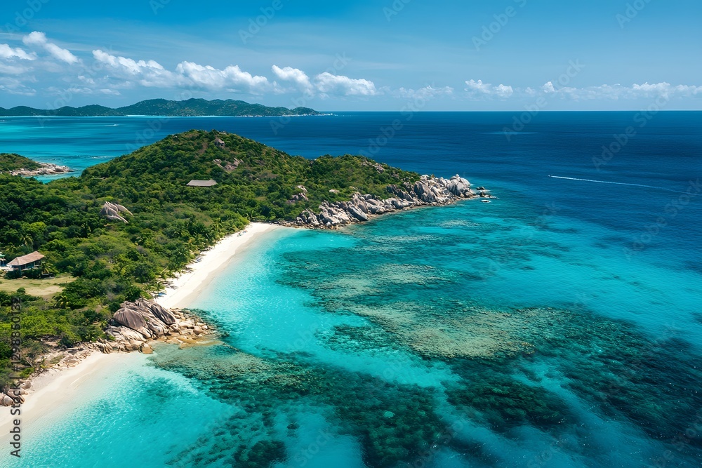 Top-down drone shot of a turquoise tropical island surrounded by white sandy beaches and crystal-clear waters Top-down drone shot of a turquoise tropical island surrounded by white sandy beaches and crystal-clear waters