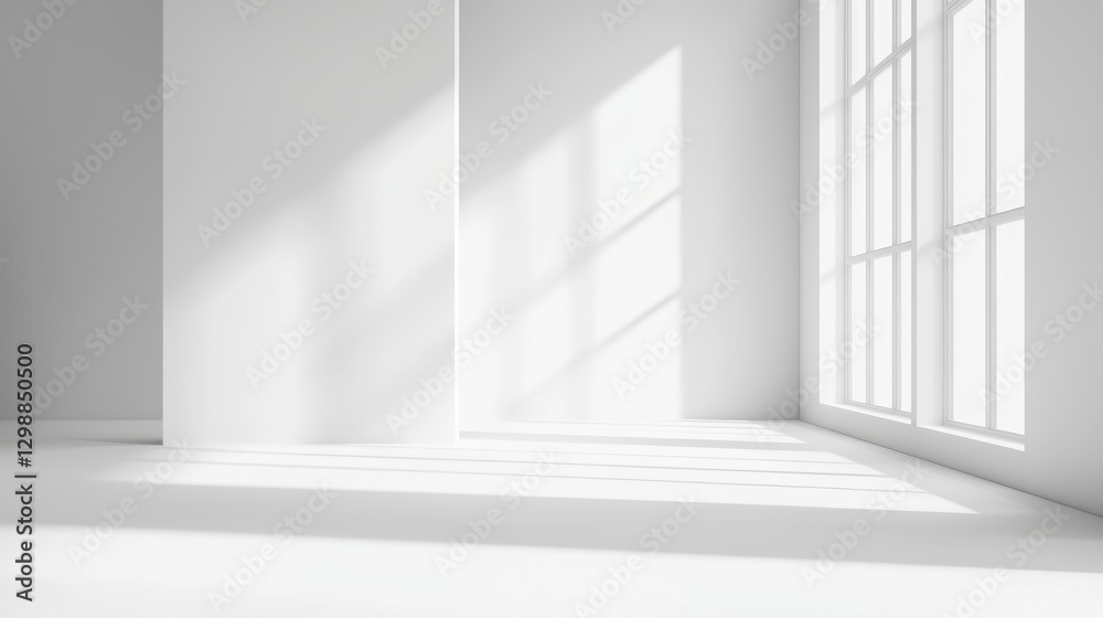 Fototapeta premium Bright white interior with sunlight streaming through large windows in a minimalist space designed for creativity and inspiration