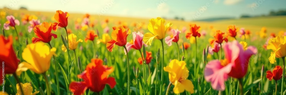 Swirling sea of gladioli flowers dance across a vast green field, colors, field Swirling sea of gladioli flowers dance across a vast green field, colors, field