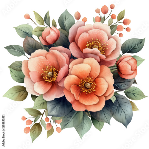Colorful Floral Arrangement With Peach Blooms and Green Leaves Displayed on a...