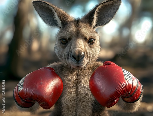 Playful kangaroo in bright red boxing gloves ready to spar in a fun comic style photo