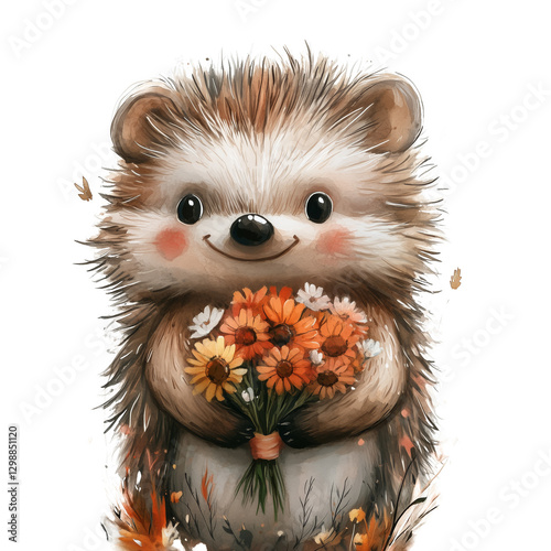 Cute Hedgehog Holding a Bouquet of Flowers in a Whimsical Setting During Autumn