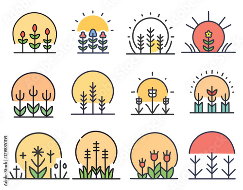 Colorful Line Art Illustrations of Blooming Plants and Sunsets