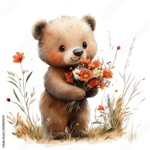 Cute Bear Holding a Bouquet of Flowers in a Colorful Meadow During Sunny Weather