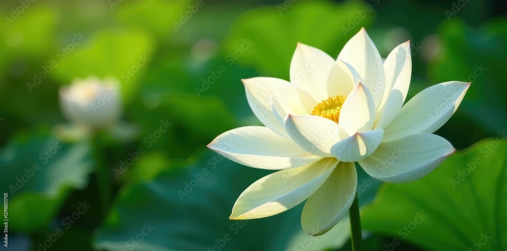 White lotus lily blooms sway gently in the summer breeze, natural, soft petals, breezy White lotus lily blooms sway gently in the summer breeze, natural, soft petals, breezy