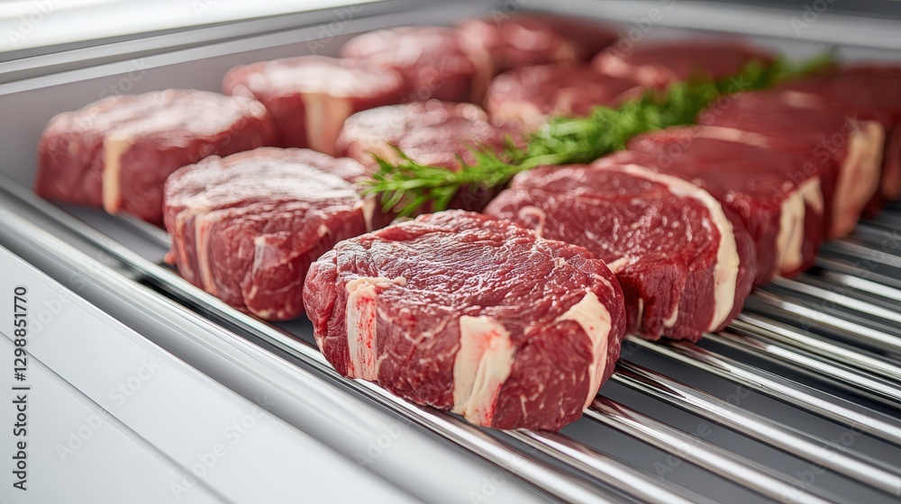 Optimizing Storage for Food Safety and Quality Assurance concept. Fresh Raw Steak Cuts Ready for Grilling with Aromatic Herb Garnish on Stainless Steel Grate Optimizing Storage for Food Safety and Quality Assurance concept. Fresh Raw Steak Cuts Ready for Grilling with Aromatic Herb Garnish on Stainless Steel Grate
