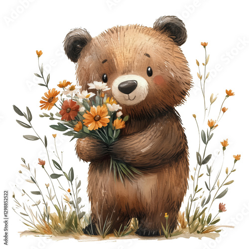 Cute Bear Holding a Bouquet of Flowers in a Grassy Meadow During a Sunny Day