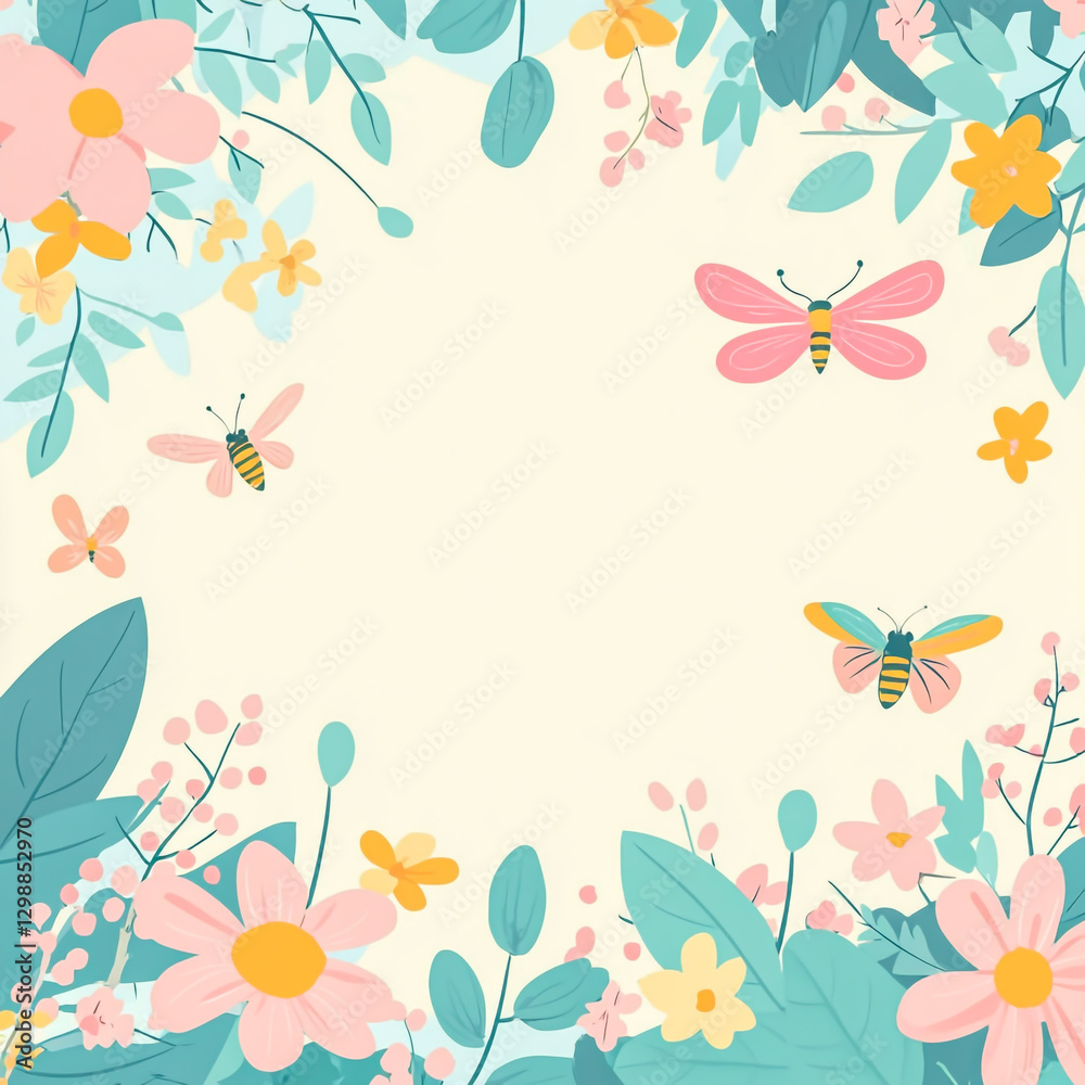 custom made wallpaper toronto digitalBackground and Banner Decorated with Pastel Colors, Blooming Flowers, and Leaves – Spring, Easter, Summer Theme with Dragonfly, Butterfly, and Bee in Flat Folk Style