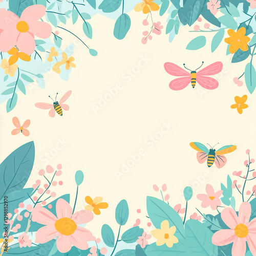 Wallpaper Mural Background and Banner Decorated with Pastel Colors, Blooming Flowers, and Leaves – Spring, Easter, Summer Theme with Dragonfly, Butterfly, and Bee in Flat Folk Style Torontodigital.ca