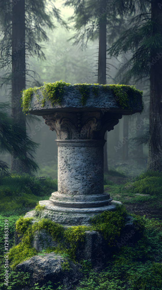 A close-up of an empty stone pedestal on mossy rocks in the forest
A close-up of an empty stone pedestal on mossy rocks in the forest