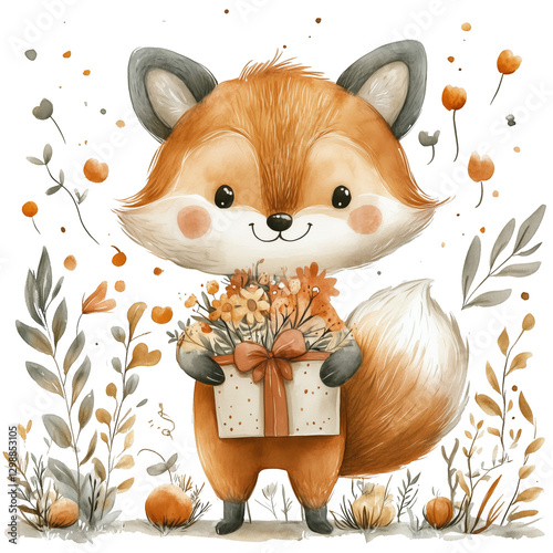 Cute Fox Holding a Gift Box Surrounded by Flowers in a Colorful Outdoor Setting