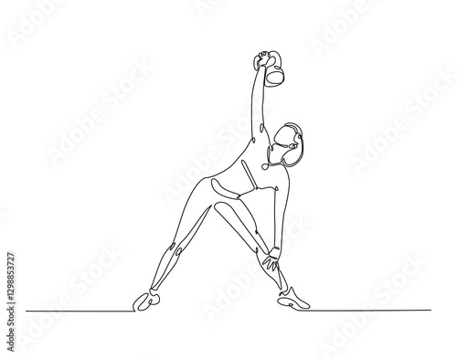 Young woman lifting kettlebell simple line art illustration. Continuous one line draw of woman workout using kettlebell.