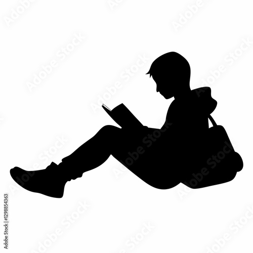 A Teenage Boy reading book sitting on the ground vector silhouette