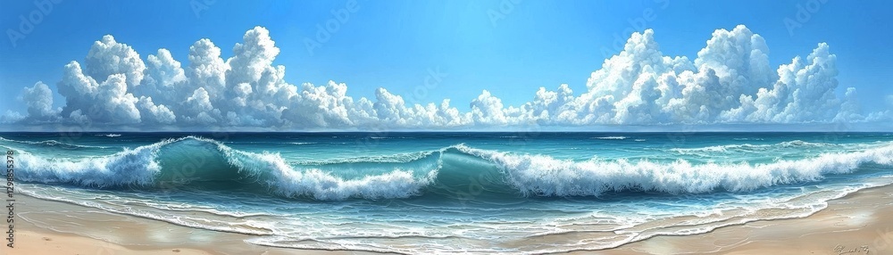 Fototapeta premium Serene ocean waves at sunrise beachside digital art tranquil panoramic view peaceful atmosphere