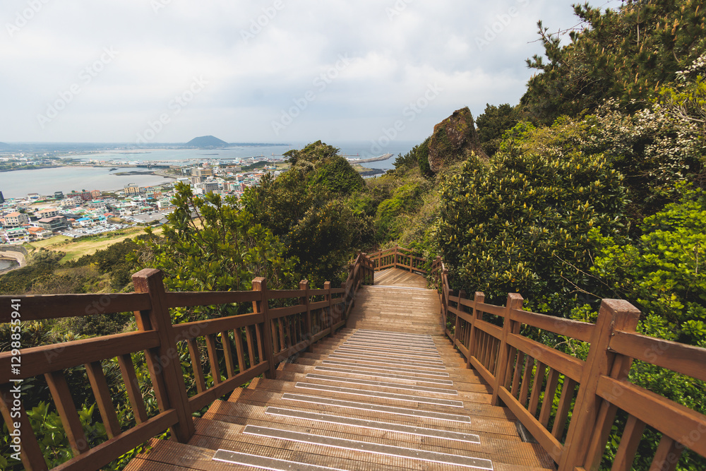 Fototapeta premium Jeju-do, Seongsan Ilchulbong landscape, volcanic tuff cone, Sunrise peak, Jeju Island, South Korea, Seongsan-ri, Seogwipo, Jeju Province landscape view in a sunny day, with sea, cliffs hiking trail