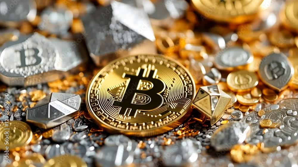 Display of various cryptocurrencies including bitcoin, ethereum and silver coins scattered on a textured surface