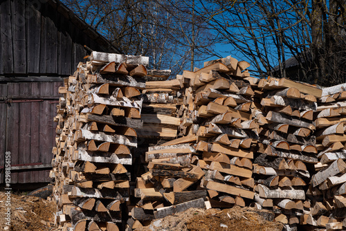 Birch firewood. A stack of birch logs chopped into four pieces. Firewood for the stove.