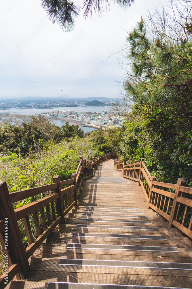 Obraz premium Jeju-do, Seongsan Ilchulbong landscape, volcanic tuff cone, Sunrise peak, Jeju Island, South Korea, Seongsan-ri, Seogwipo, Jeju Province landscape view in a sunny day, with sea, cliffs hiking trail