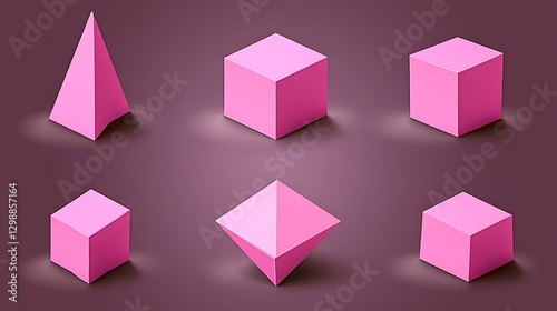 Free Download Geometric Shapes Collection Pyramid Cube Rhombus Isometric Design Pink Color on Purple Background Art - GFXLoad