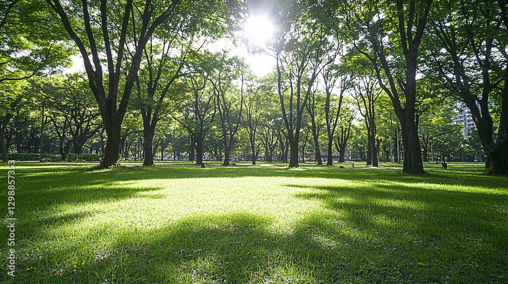 Obraz premium Lush Green Park with Sunlight Filtering Through Trees