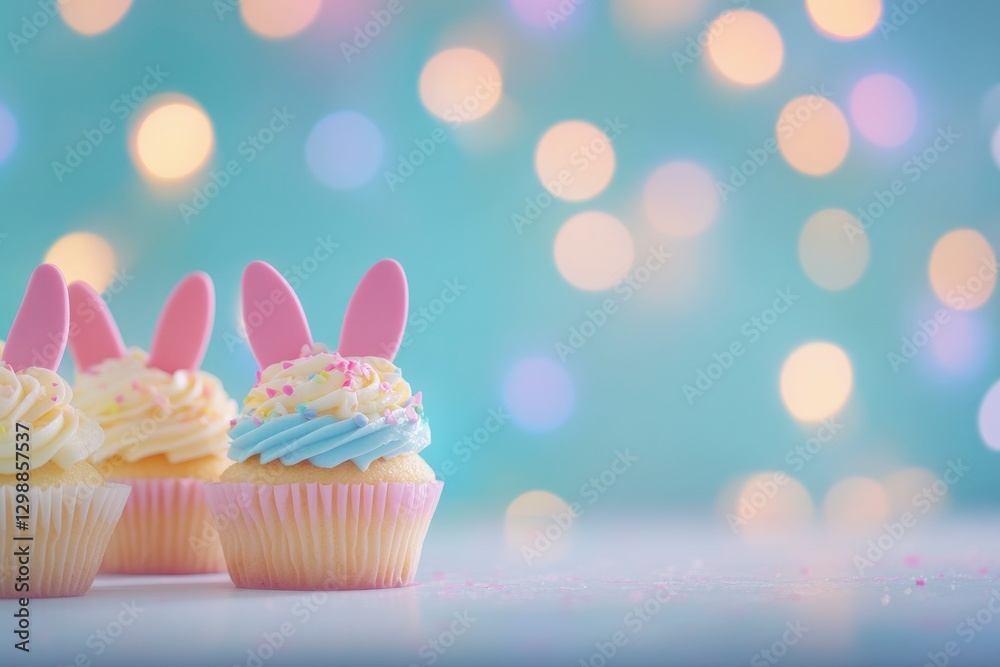 Easter cupcakes with bunny ears and pastel frosting, on Easter-themed background Easter cupcakes with bunny ears and pastel frosting, on Easter-themed background