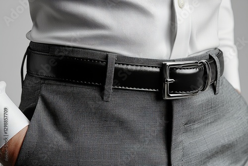 Stylish formal outfit showcasing a close-up of a black leather belt with a silver buckle worn over tailored gray pants