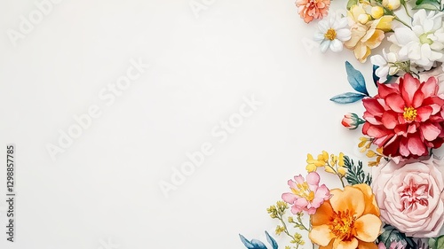 A vibrant arrangement of colorful flowers arranged in a corner against a neutral background, perfect for decorative or artistic purposes, on white background