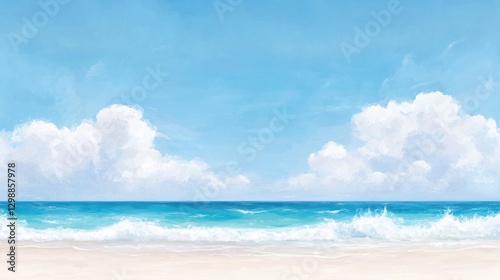 Serene beach, ocean waves, blue sky, clouds, summer vacation